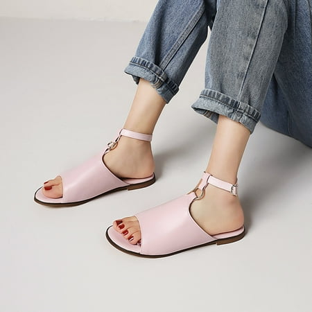 

absuyy Heeled Sandals for Women- Fashion Casual Low Heel Faux Leather Solid Color Faux Leather New Style Summer Sandals #429 Pink-4.5