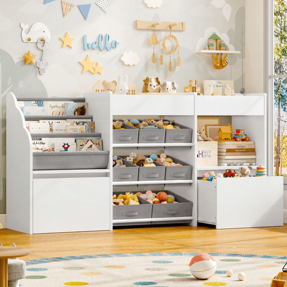 Hiphuta 62” Wide Kids Bookcase with Toy Storage Organizer, Wood Toy Organizer of 8 Fabric Boxes & 2 Removable Drawers, White