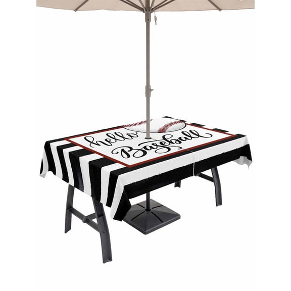 Hello Baseball Rectangle Outdoor Tablecloth with Umbrella Hole Watercolor Black White Strips Sport 52x70 Inch Waterproof Table Cover Zippered Table Cloth for Garden Patio