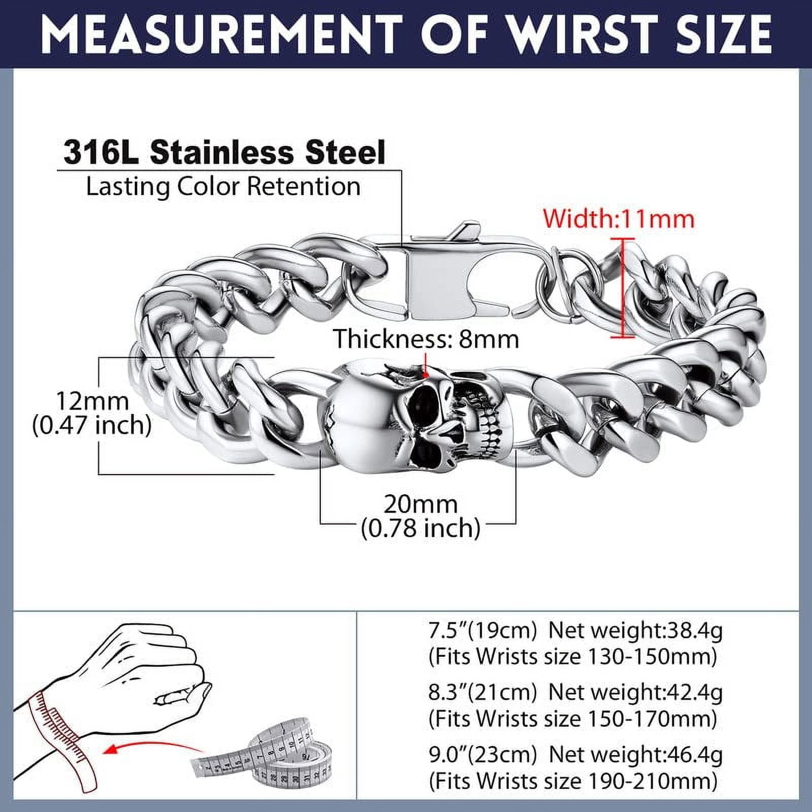 Bandmax Skull Bracelets for Men Women 316L Stainless Steel Cuban Link Chain Bracelet with Skull Charm Gothic Punk Biker Bracelet Jewelry for Halloween Gift