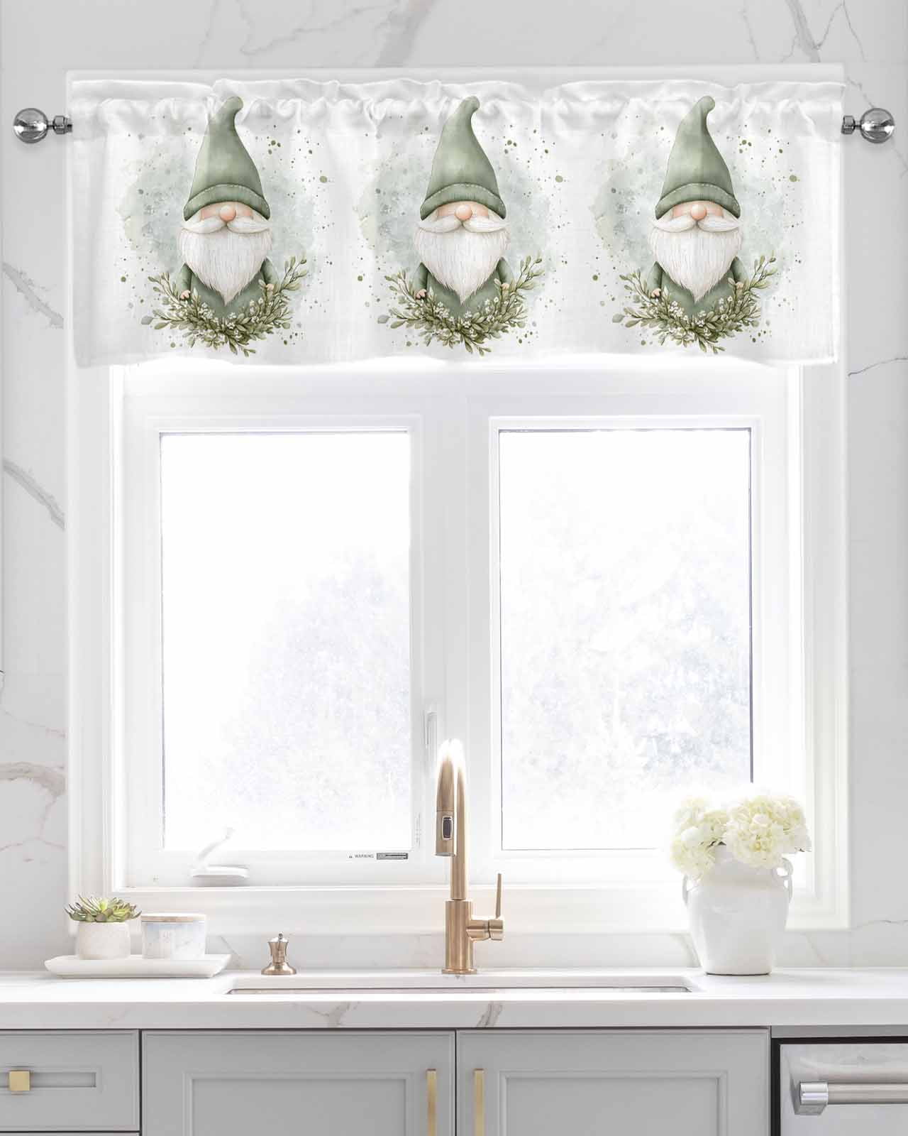 Spring Green Gnomes Kitchen Valances for Windows Farmhouse Linen Window Valance Curtain for Living Room Window Treatment Eucalyptus Botanical Valance Rod Pocket Topper Drape, 54 x 18 Inch