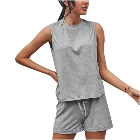 

Dillar Women s Fashion Tops Solid Shorts Casual Homewear Pajamas Suit Comfortable Ladies Casual Home Pajamas Set (Vest + Shorts)