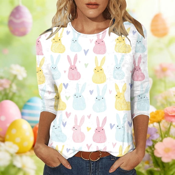 Odbmxy 3/4 Sleeve Juniors Easter Clothes Graphic Summer Tee Shirts for Women Vacation Loose White Funny Leisure Tops