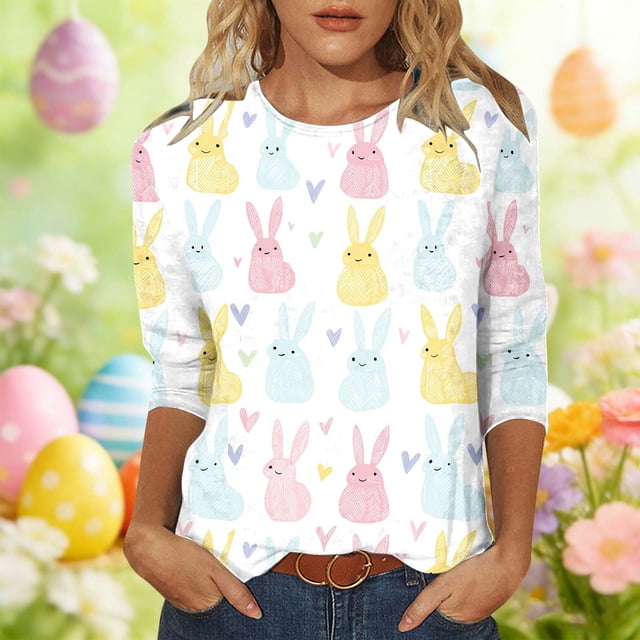 Yourumao Hauts à Manches 3/4 pour Femmes T-Shirt Graphique Lapin de Pâques Col Rond Mignon Imprimé T-Shirts Grande Taille Joyeuses Pâques
