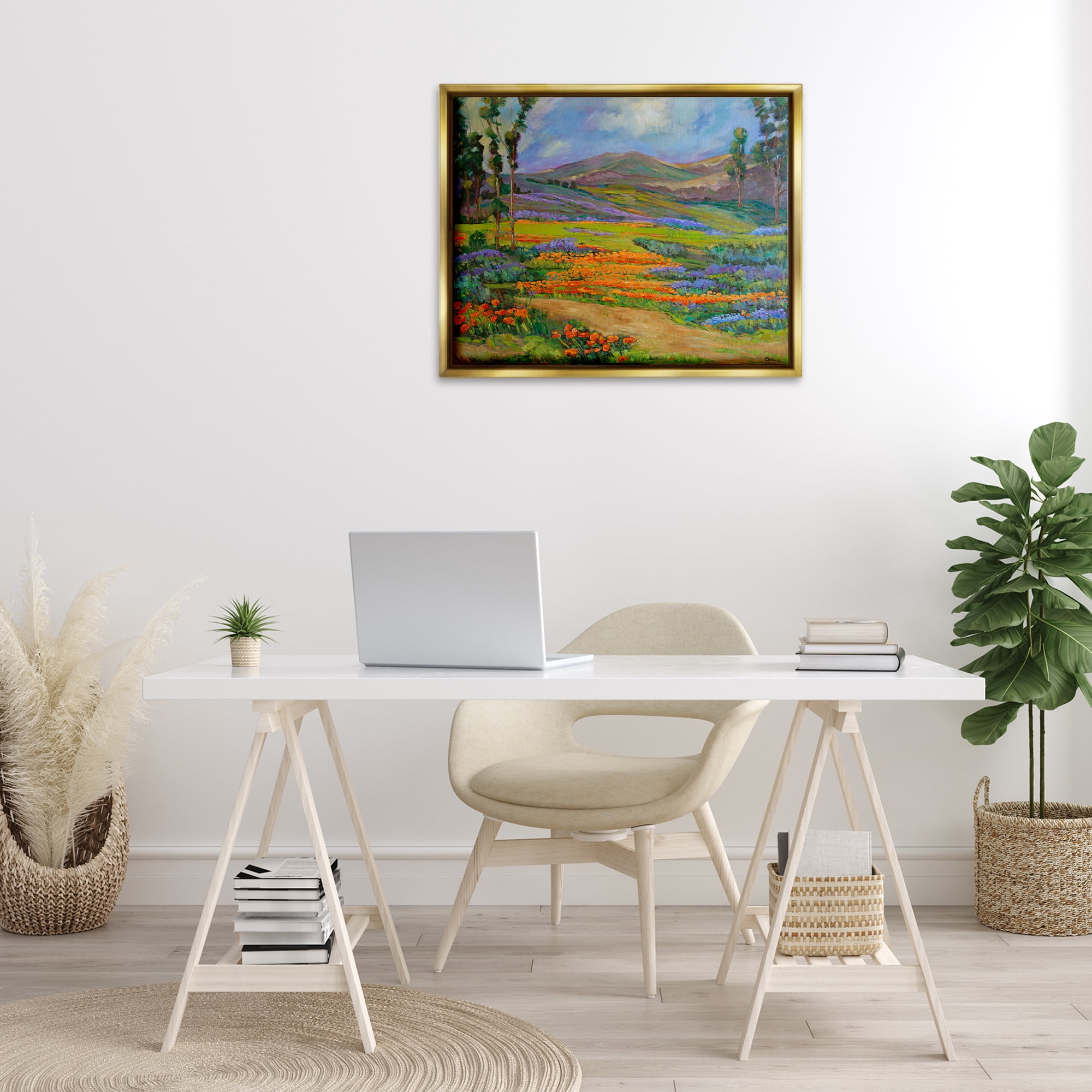 Stupell Industries Bountiful Meadow Landscape Landscape & Nature Painting Gold Floater Framed Canvas Art Print Wall Art, 31 x 25