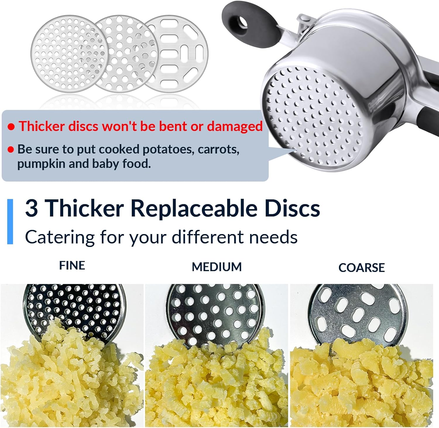 Passe-vite En Acier Inoxydable Pour Purée De Pommes De Terre - Avec 3 Disques Interchangeables (fin, Moyen, Grossier) - Pour Légumes, Spaetzle, Aliments Bébé
