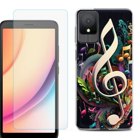 For TCL K11 Phone Case Cover, Shockproof Case with Tempered Glass Screen Protector, by OneToughShield - Music Notes Colorful