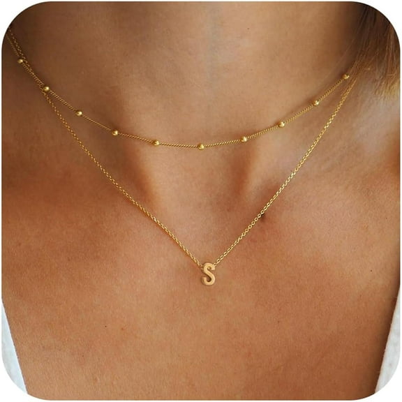 Style Stainless Steel Double Layer Initial Pendant Necklaces Golden Letter S 19.69 inch(50cm) Golden