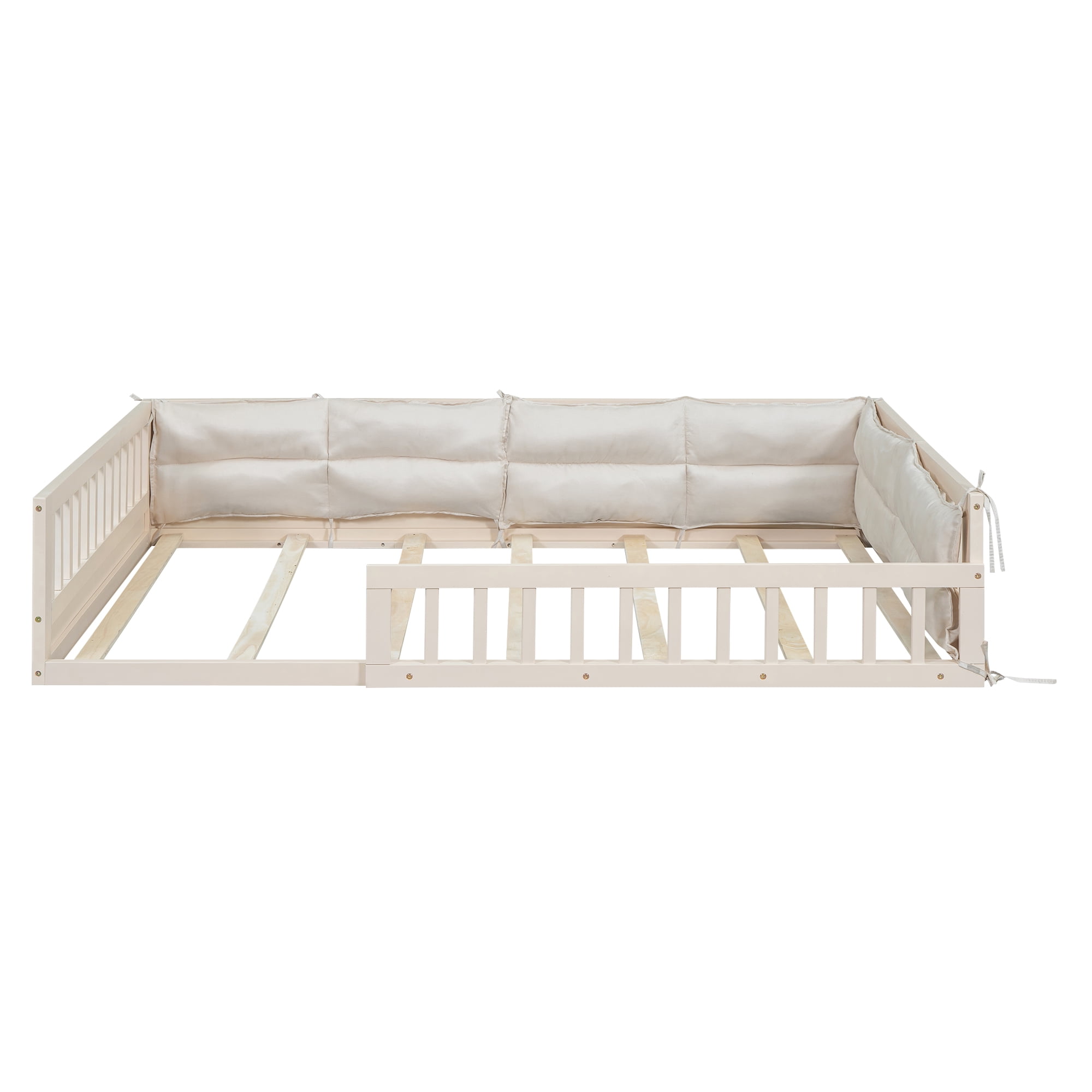 Euroco Upholstered Full Size Platfrom Bed, Floor Bed with Pillow, Beige