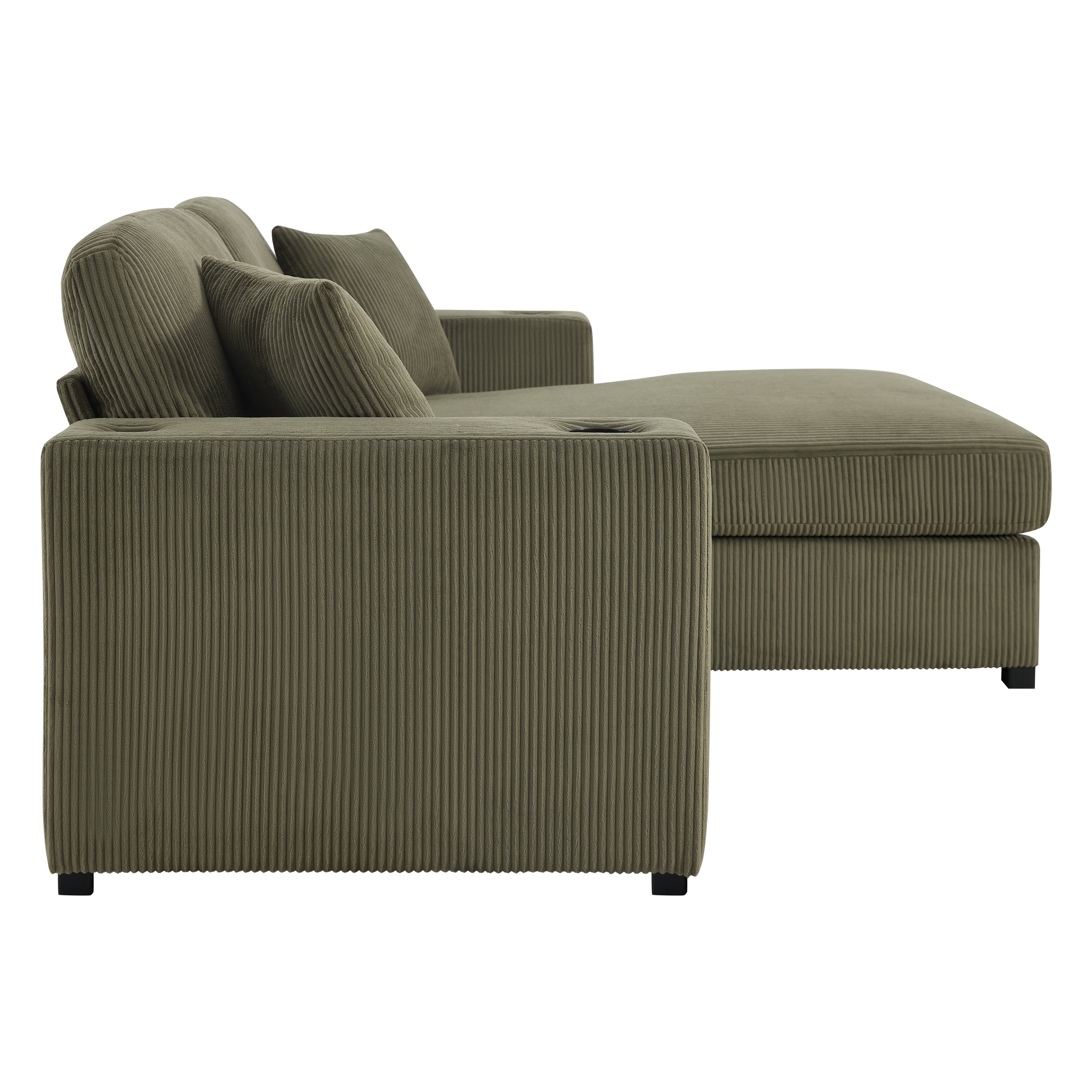 GARITIN L Shaped Sectional Sofa 86.5 Inch, Corduroy Upholstered Couch with Cup Holders and Charging Ports for Living Room, Green