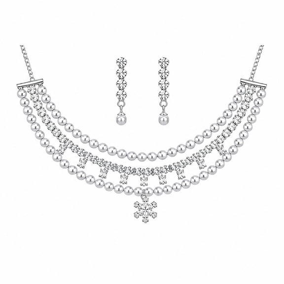 AlKhalil - Elegant Pearl & Crystal Snowflake Necklace and Earrings Set