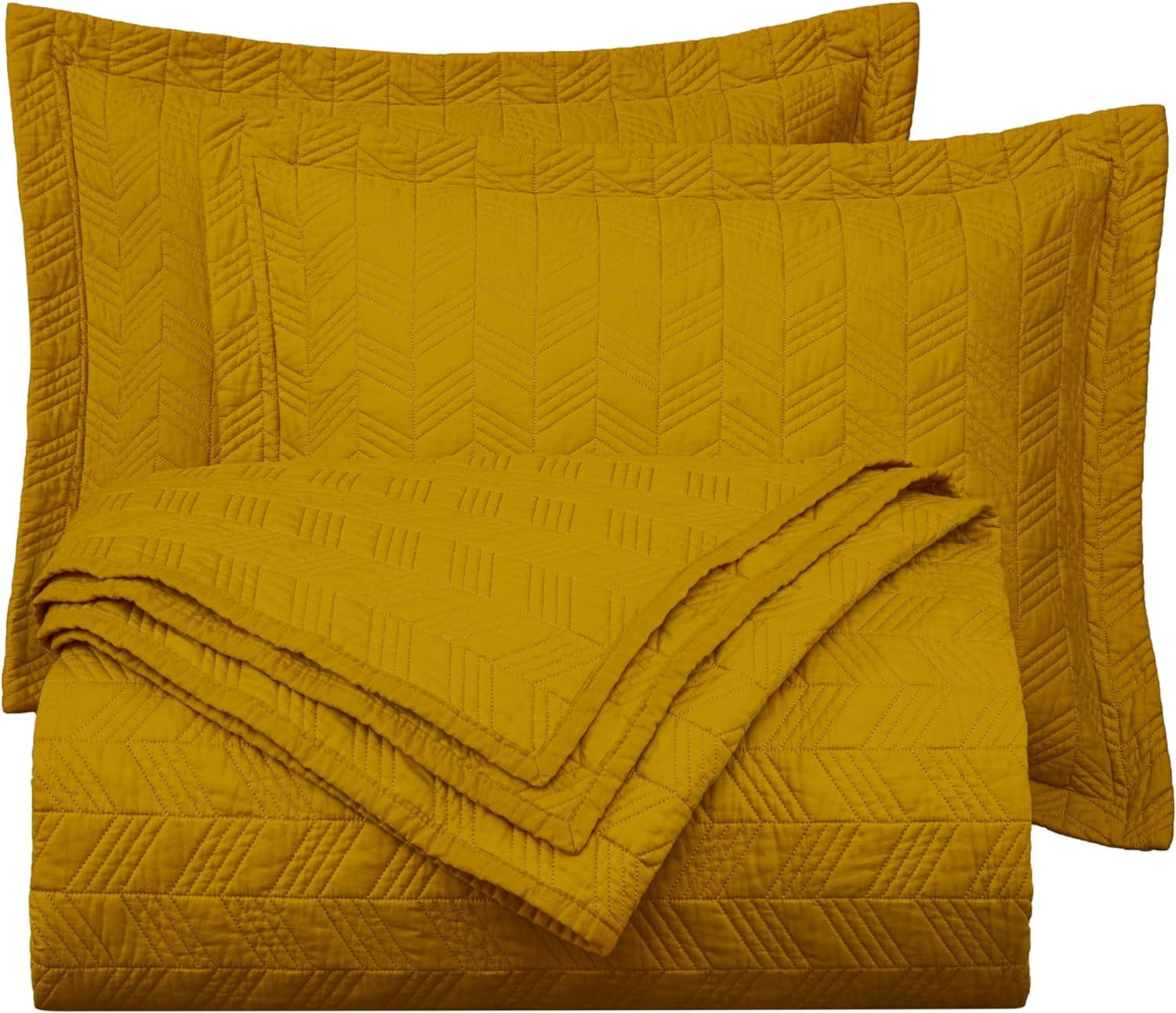Chezmoi Collection Roswell Geometric Striped Solid Cotton Lightweight Quilt for All Seasons, 3-Piece Quilt Set, Queen, Mustard Yellow