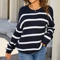 thumbnail image 2 of HVOBTTY Women's Long Sleeved Pullovers Sweaters, Sweaters for Women, Women's Fashion Casual Striped Long Sleeve Warm Round Neck Knitted Pullover Sweater Top Navy, L, 2 of 5