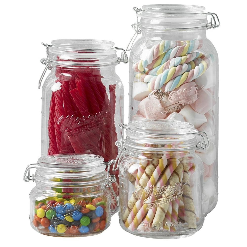 Mason Craft and More 4 Piece Square Glass Clamp Jar Set