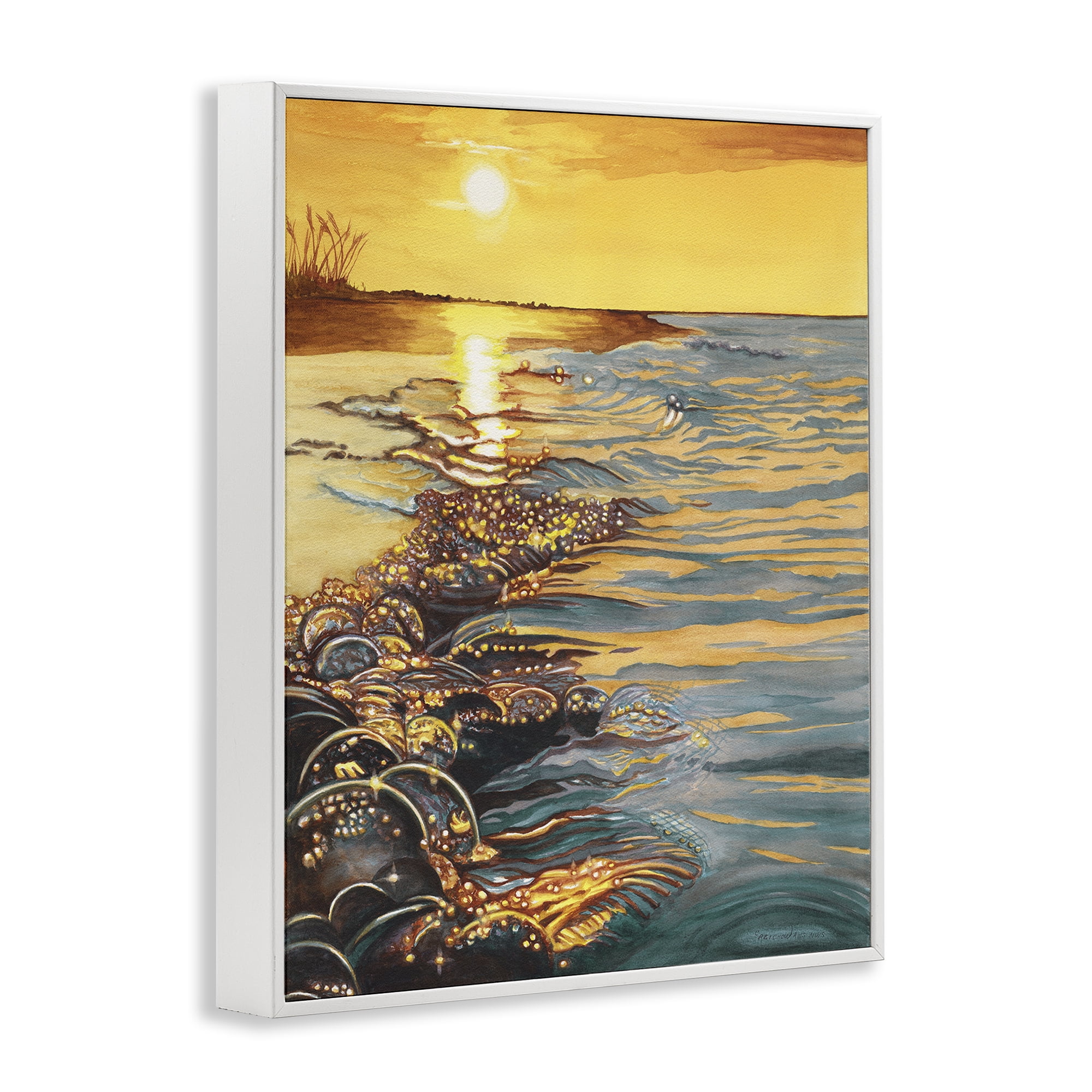 Stupell Industries Saltwater Beach Sunset Landscape Painting White Framed Art Print Wall Art, 24 x 30