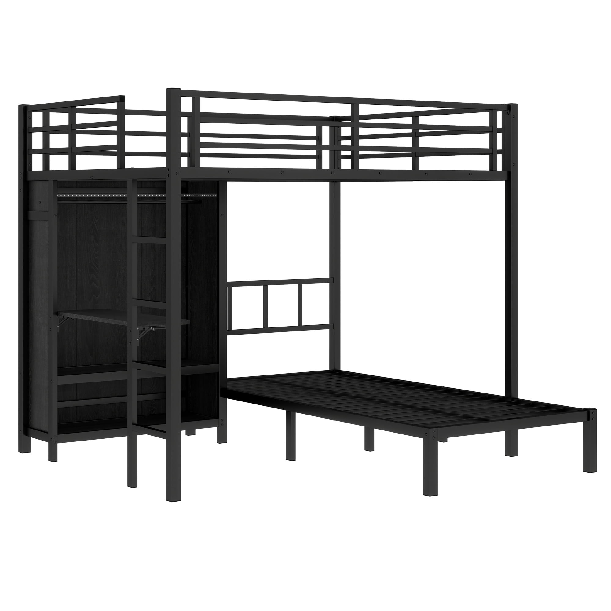 Full XL Over Twin Bunk Bed, Metal Bunk Bed Frame with Folding Desk, Closet with LED,Space-Saving/Noise Reduced, Black
