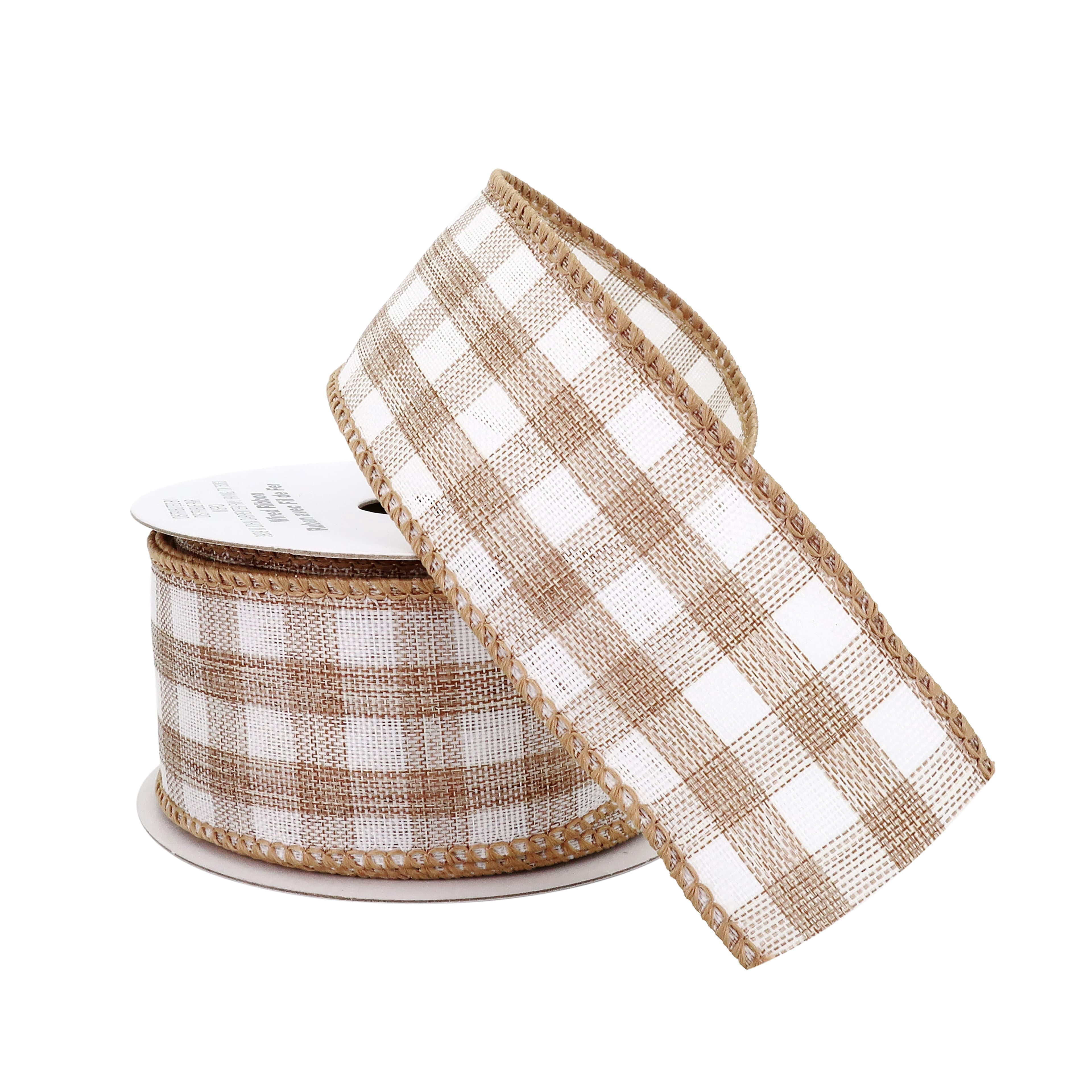Celebrate It 1.5" x 3yd Natural and White Wired Gingham Ribbon - Classic Polyester Checkered Pattern, Woven Selvage, Ideal for Crafts & Decor, 12 Pack
