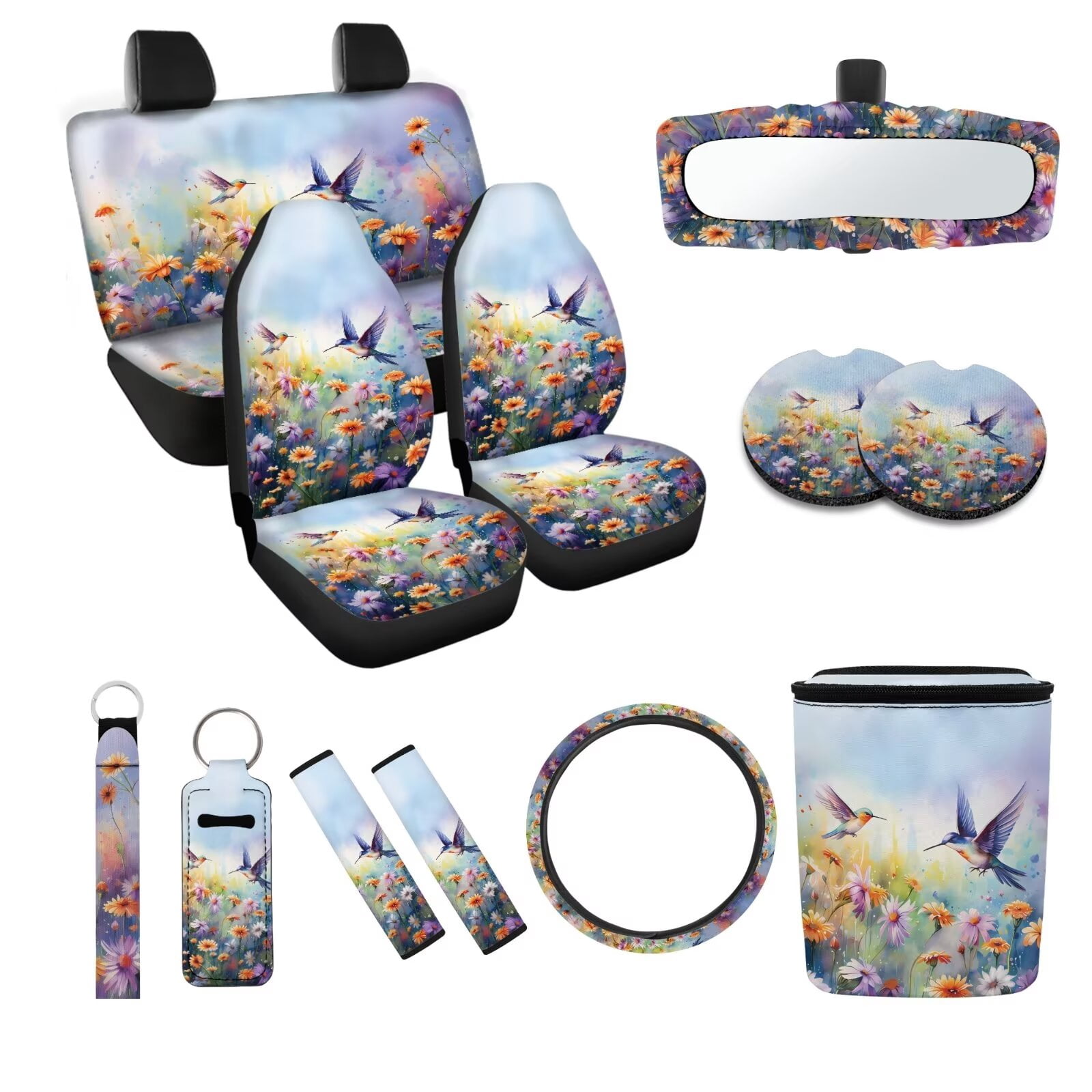 KUIFORTI Car Seat Full Set Covers Hummingbird Car Accessories for Women Front Rear Seat Covers Wrist Strap Cup Mat Seat Belt Cover Accessories for SUV Car