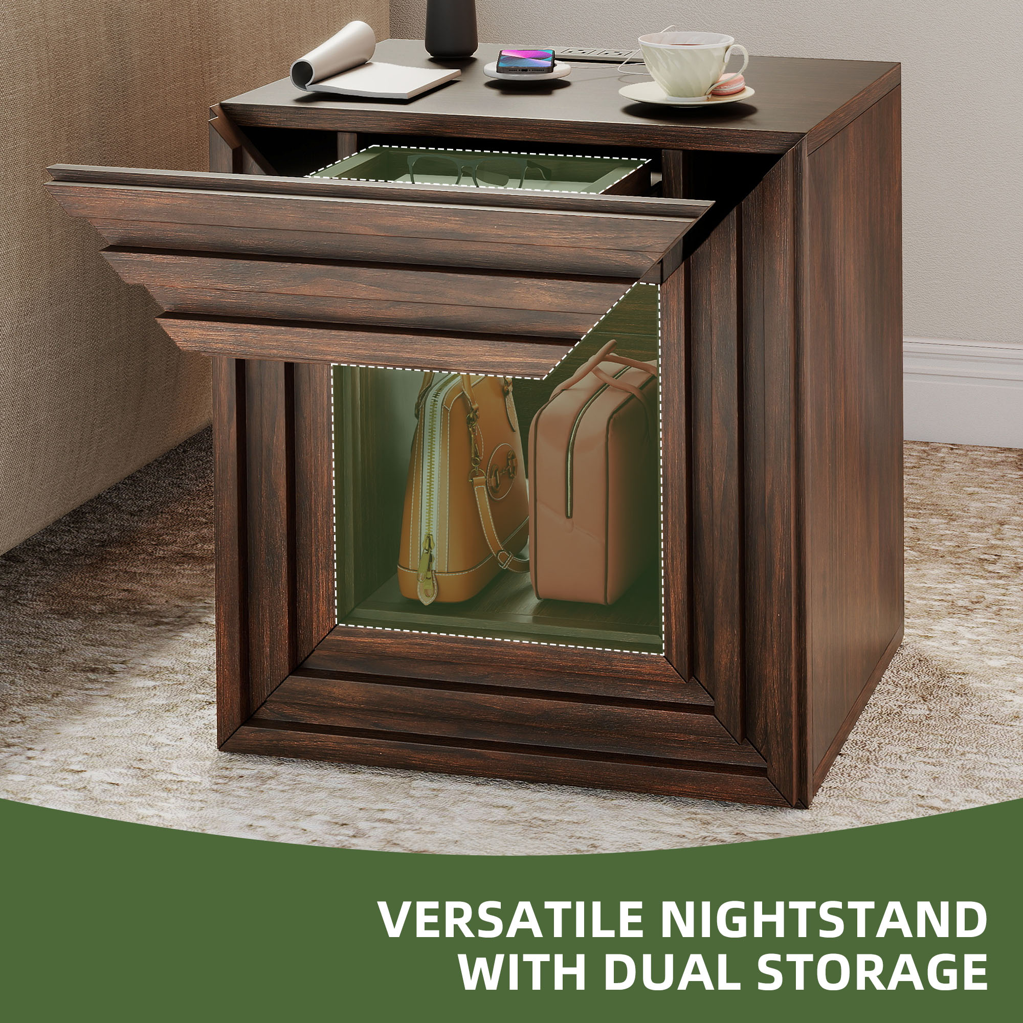 Uforic Square End Table with Charging Station & Storage Drawer, Rustic Side Table, Walnut