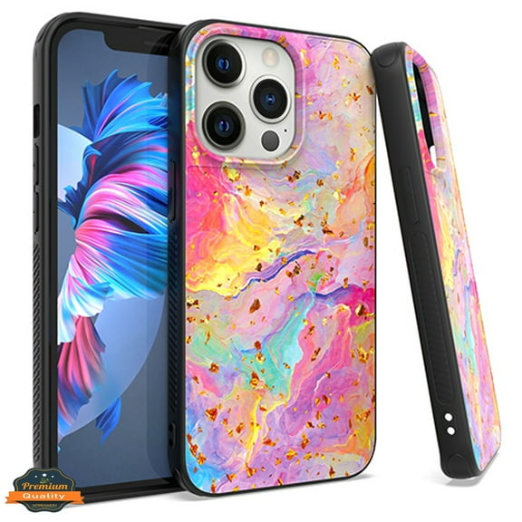Xpression Case for Apple iPhone 13 Pro (6.1") Marble Fashion Stone Stylish Flake Glitter Bling Hybrid Slim Glossy TPU Rubber Hard Phone Cover [Marble Rainbow]