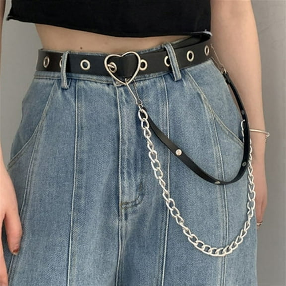 Grommet Leather Belt with Detachable Chain Women Men Punk Rock Waist Belts for Jeans Pants