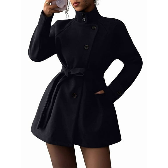 Women'S Elegant Mock Neck Collar Single Breasted Wool Blend over Coat with Belt Black M