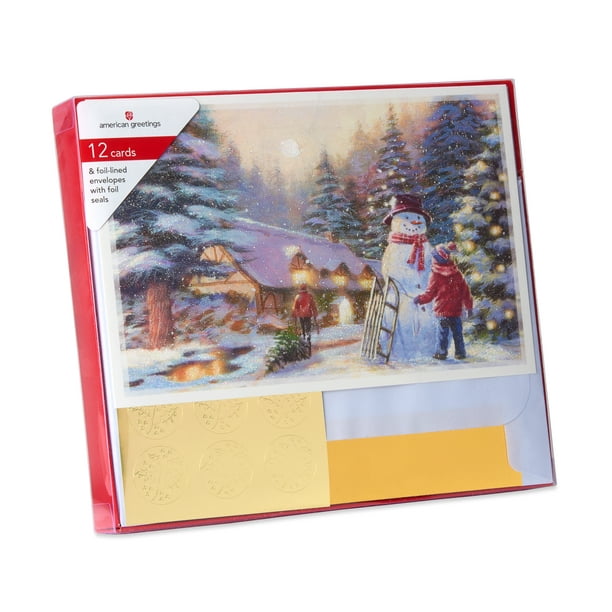 American Greetings Holiday Cards Boxed, Outdoor Kids and Snowman (12
