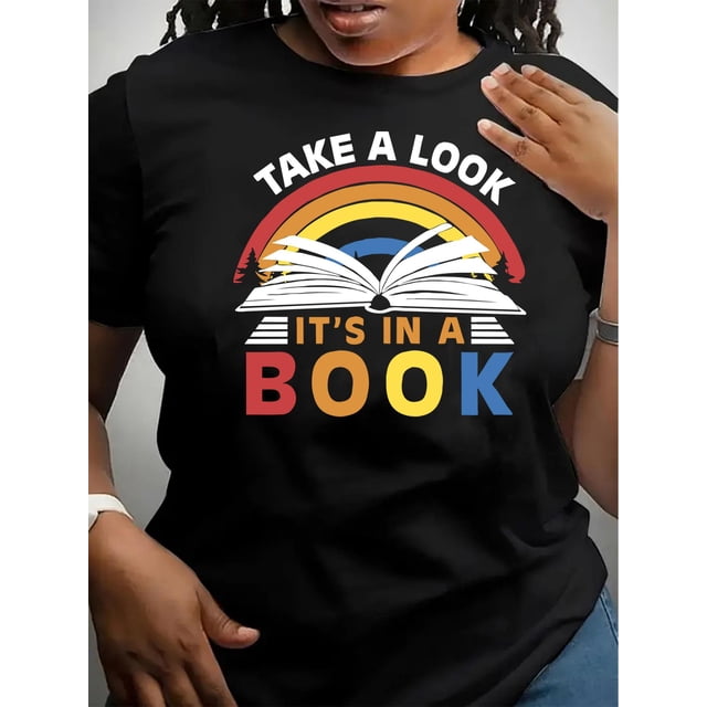 Camiseta básica para mujer verano SuaveBook & Rainbow & Slogan Print Comfy T-Shirt, Round Neck Short Sleeve Sports Tee, Women's ActivewearFather's Day, Mother's Day, New Year, Spring Festival, Valen
