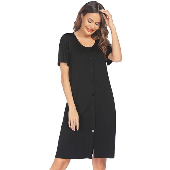 EKOUAER House Dresses for Women Button Down Nightgowns Short Sleeve Pleated Snap Front Mumu Dress