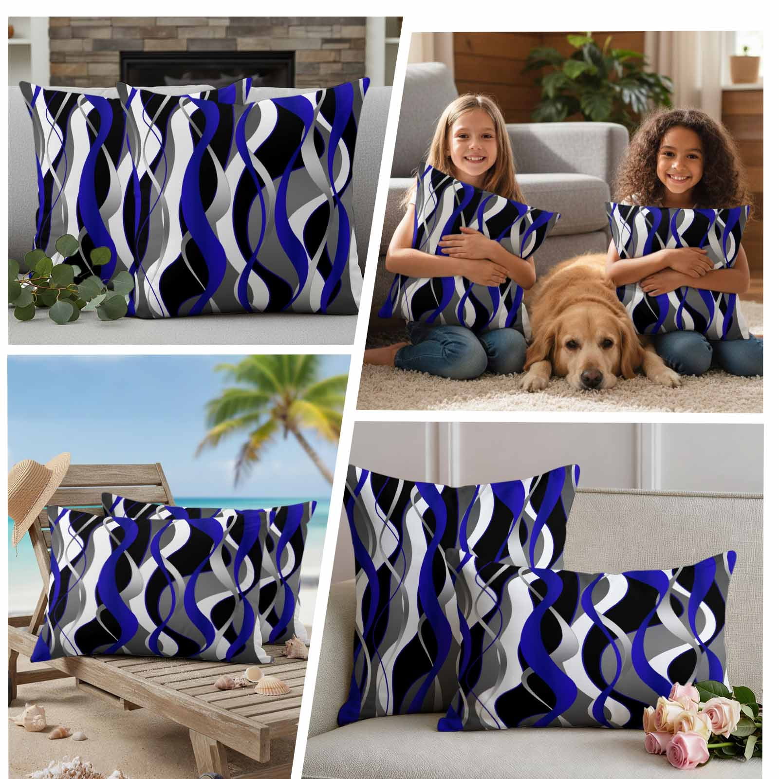 Blue Stripe Outdoor Waterproof Pillow Covers, Ombre Grey Moire Geometric Modern Abstract Decorative Square Throw Pillowcase Sofa Cushion Sham for Patio/Couch/Chair, 18"x18" 2 Pack