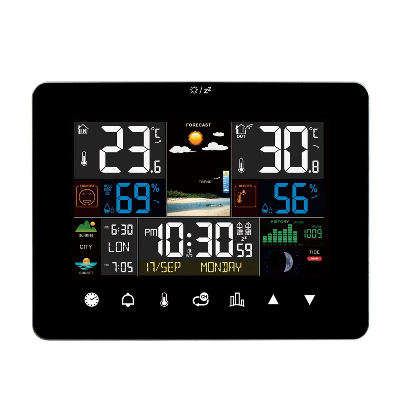 ZHMRFG Color Screen Touchscreen Weather Clock Wireless Temperature Humidity Meter Meteorological Station RF Sensing Multiple Alarm Weather Forecast For Home Office Bedroom Living Room Monitoring