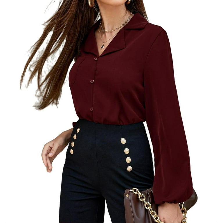 Burgundy Elegant Plain Shirt Lapel Women s Blouses