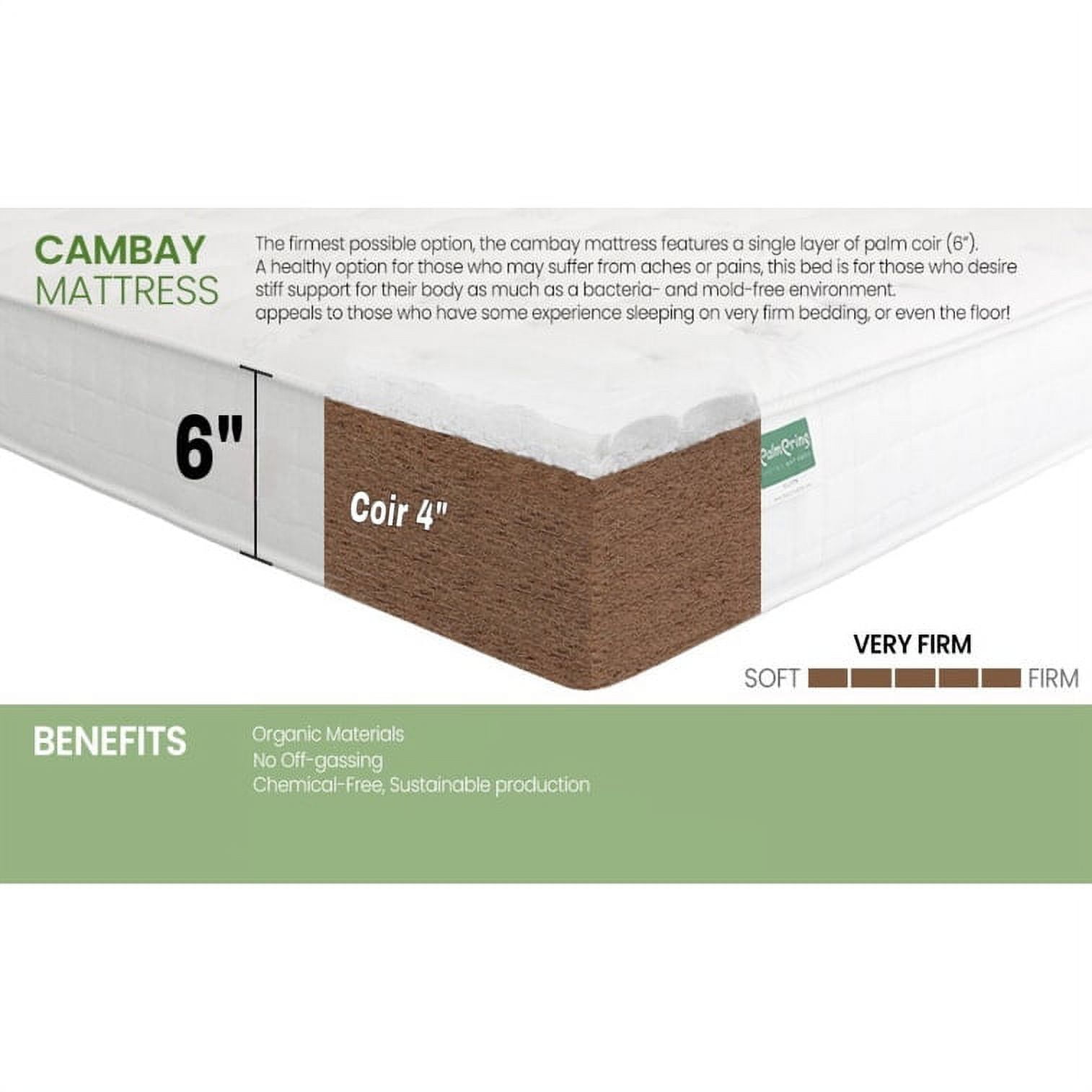 Palmpring Organic Cambay Twin Mattress - Organic Coconut Coir 6” Extra Firm 1 Layer Comfortable Sleep Bed Dust Free