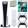Sony Playstation 5 Disc Version (Sony PS5 Disc) with White Extra Controller, Media Remote, Battlefield 2042, Accessory Starter Kit and Microfiber Cleaning Cloth Bundle