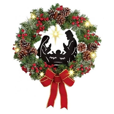 Christmas Wreaths for Front Door, Lighted Nativity Scene Christmas Wreath with LED Light Battery Powered, Wreaths with Joseph, Mary and Baby Jesus Figurine, Front Door Decoration for Christmas