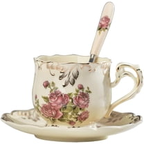 Tea Cup and Saucer Set, 8 oz Tea Cup Set, Teacup, Ceramic Tea Cup with Suacer Spoon, Ivory Vintage Rose Floral with Gold Leaves Trim, Gifts for Women