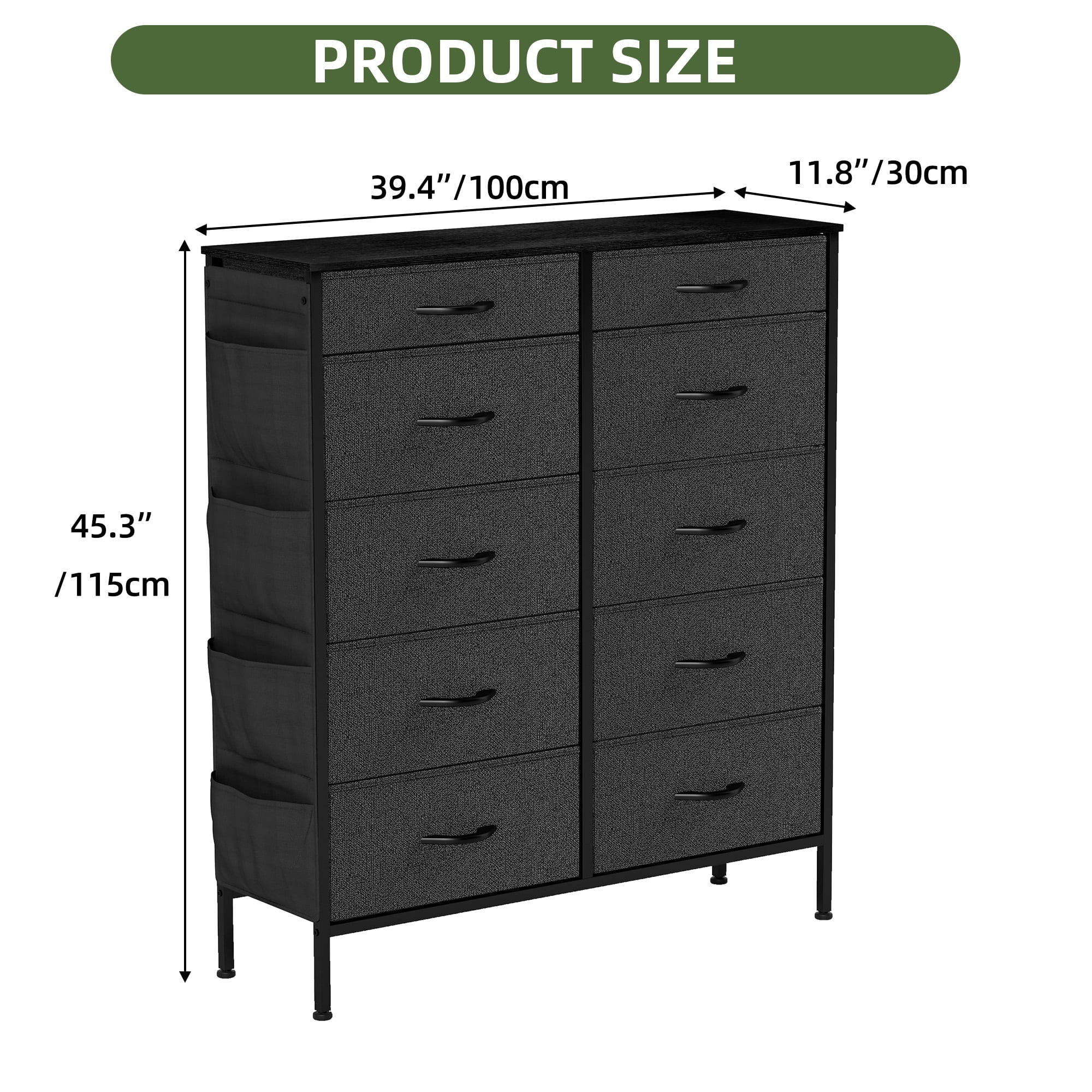 Uforic 10 Drawer Fabric Storag Dresser with Side Pockets, Sturdy Steel Frame, Wooden Top, for , Closets for Adult, Black Ash