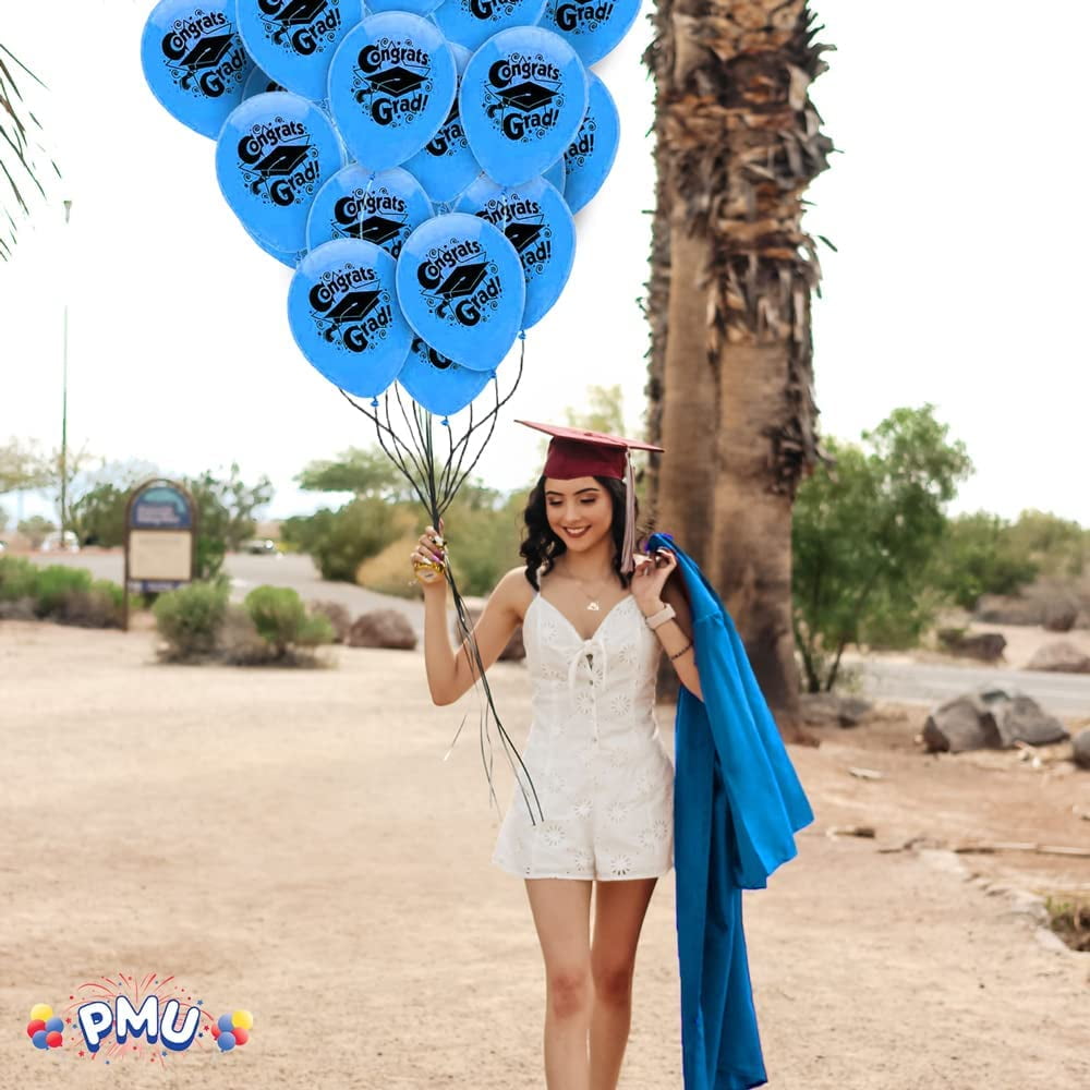PMU 50 Pcs Graduation Balloons PartyTex 11 inch Premium Blue with All-Over Print White Grad Caps-Confetti and Streamers Graduation Party Decorations