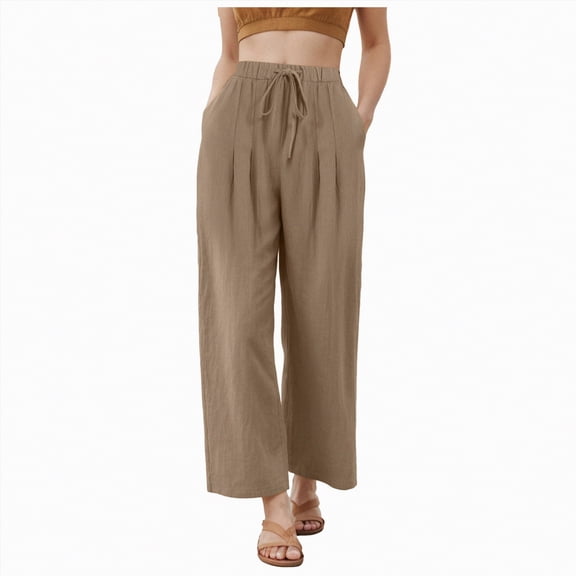 KPOPLK Wide Leg Linen Pants Woman Cargo Pants Summer Waisted Drawstring Linen Pants Petite Women Wide Leg Casual Pants with Pockets Size XXXL,Coffee