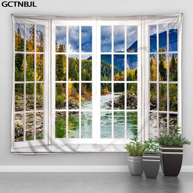 Tapiz navideño colgante de pared fuera de la ventana, Paisaje de nieve, bosque, invierno, dormitorio, sala de estar, decoración del hogar, tela