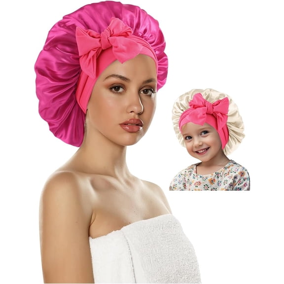 Satin Silk Hair Bonnet for Sleeping Women , Double Layer Bonnet with Tie Band for Girls Boys Curly Hair Night Cap