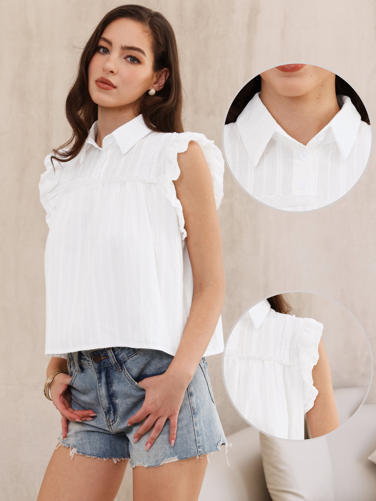 DARING DIVA Women's Tops Button Up Collared Cap Sleeve Ruffle Top Blouses L White