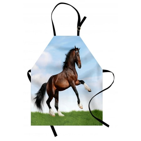 Blue Bib Apron Horses Apron Bay Horse Pacing on the Grass Energetic Noble Character of the Nature Concept, Unisex Kitchen Bib Apron with Adjustable Neck for Cooking Baking Gardening, Blue Green Brown, by Ambesonne ()