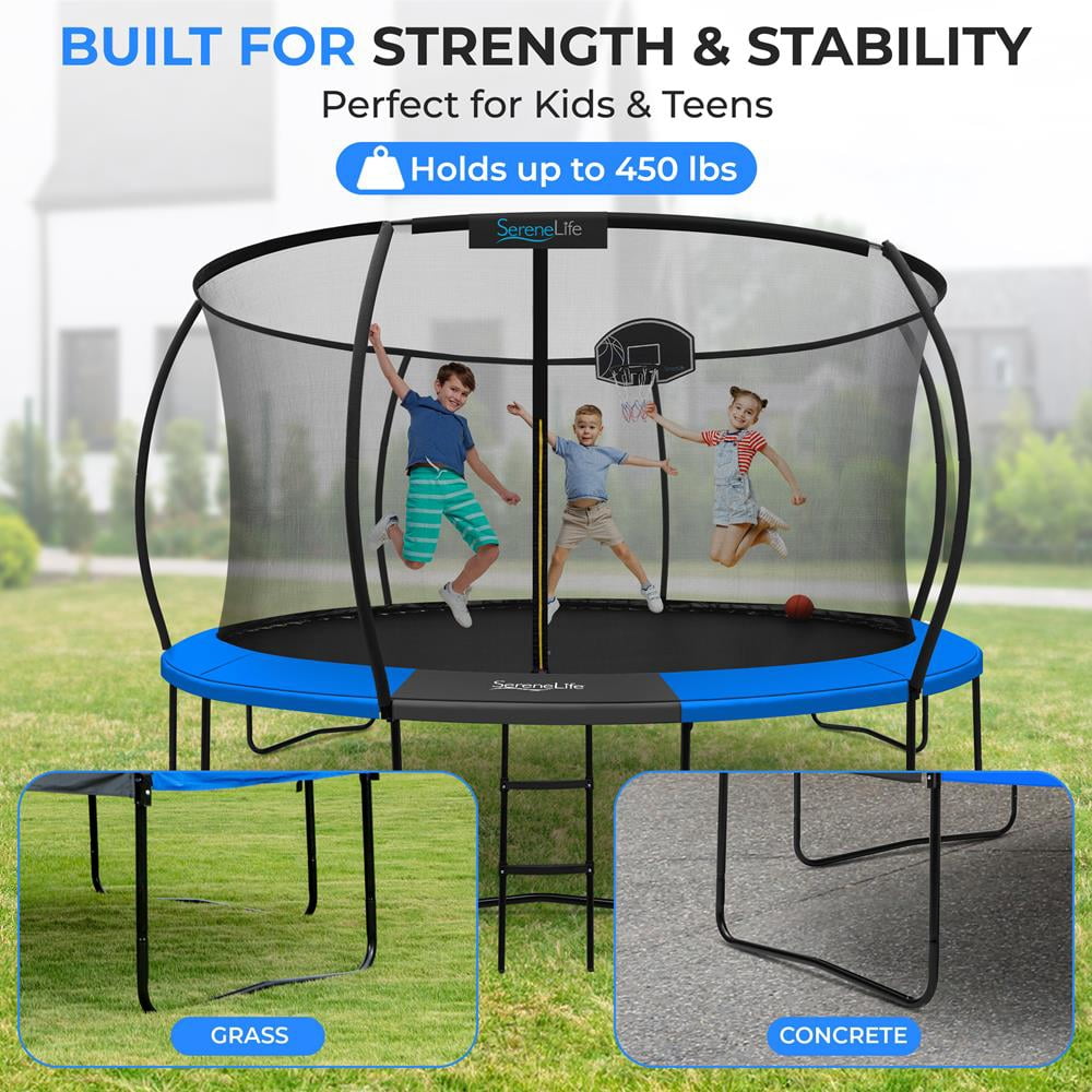 14ft Pumpkin Recreational Trampoline with Luxury Ladder and Basketball Hoop System for Kids / Children and Inner Enclosure, SLTRMPK14BL.5 (Blue)