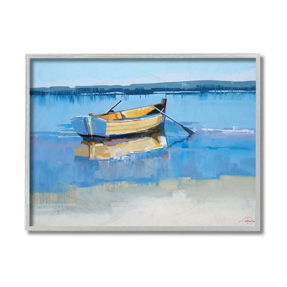 Stupell Industries Row Boat on Blue Coastal Shore Beach Landscape Grey Framed, 16 x 20, Design by Craig Trewin Penny