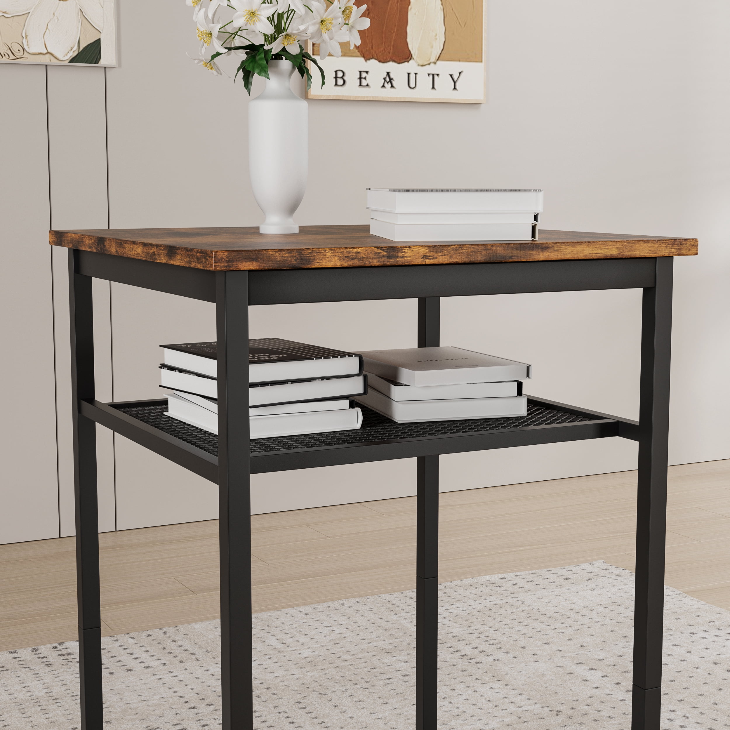 Bar Table Set of 2,Bistro Kitchen Table Sets,Wood Pub Bar Table Set with Storage Rack for Small Space, Apartment,Brown