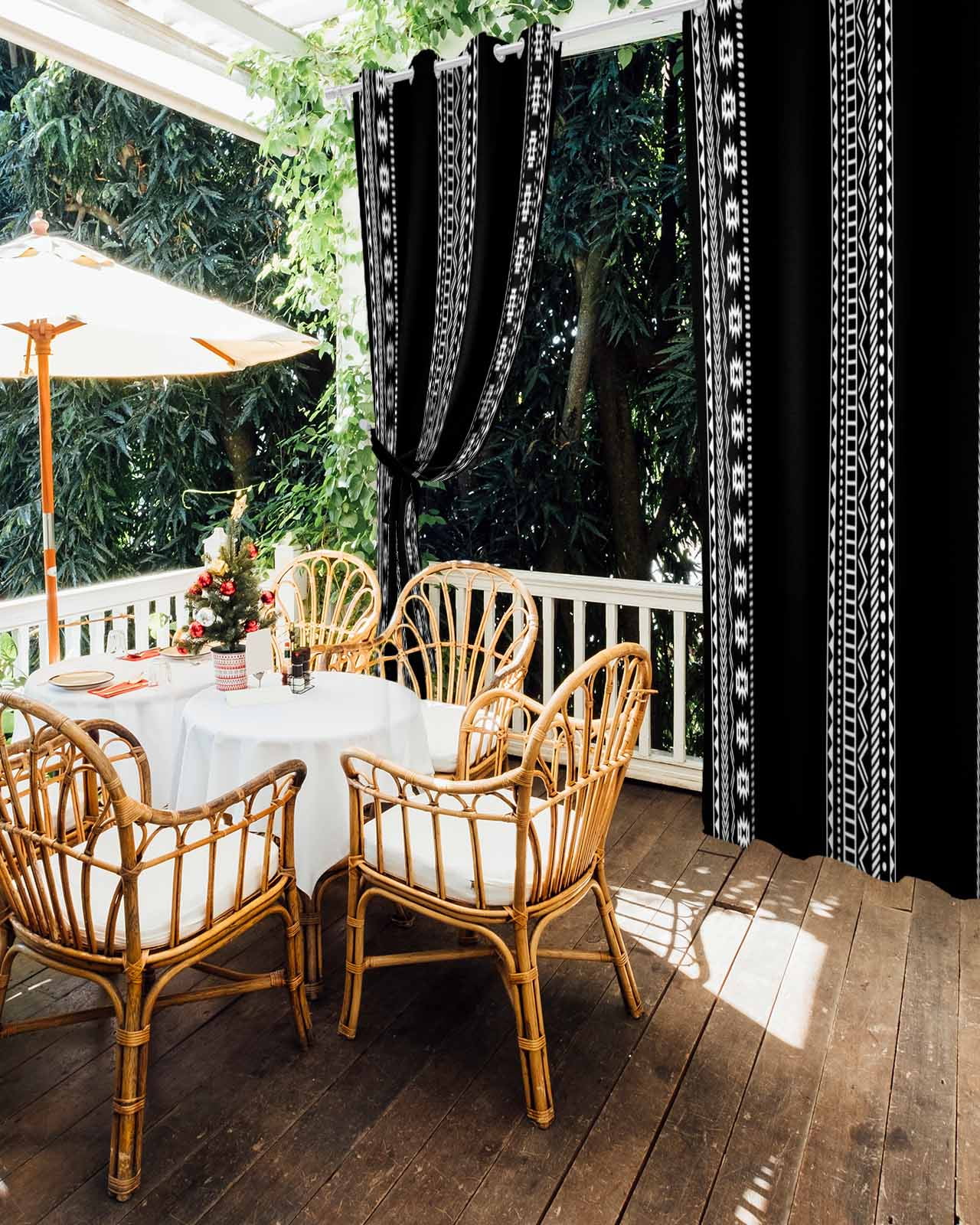 Black Boho Outdoor Curtains for Patio, Vintage Abstract Striped Geometric Motifs Privacy Drapes Grommet Waterproof Outside Curtains for Porch/Cabana/Balcony 54"x 84", 2 Panel