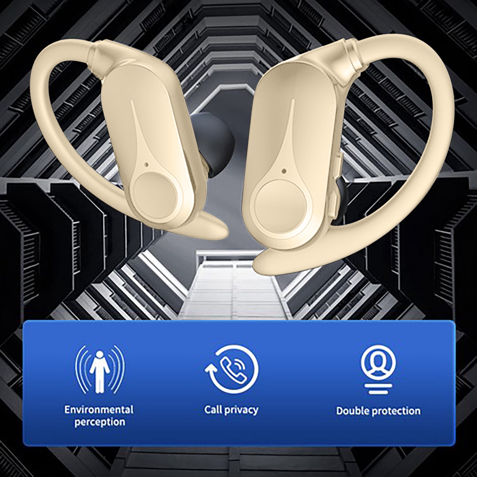 Open Ear Wireless Headphones Bluetooth Sport Headset Ear Clip-On Earbuds with Microphone for Noise Call, IPX6 Water-Resistant, Air Conduction Wireless Headset for Running, Cycling, Driving(Beige)