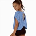 thumbnail image 2 of Girl Athletic Shirt Solid Color Short Sleeve Workout Top with Open Back for Gymnastics Blue 9-10 Years, 2 of 7