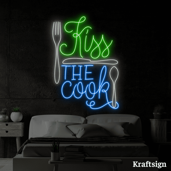 Craftnamesign Kiss The Cook Neon Sign, Kitchen Art Decor, Restaurant Decor